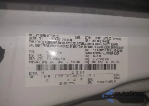 2014 Ford Focus Se из США, поврежденный, VIN 1FADP3F28EL359258